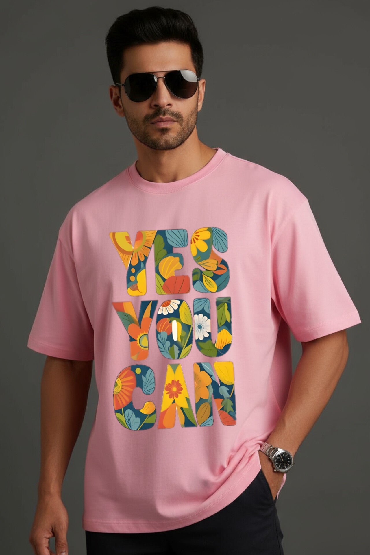 "YES YOU CAN" Pink Down Shoulder Tees