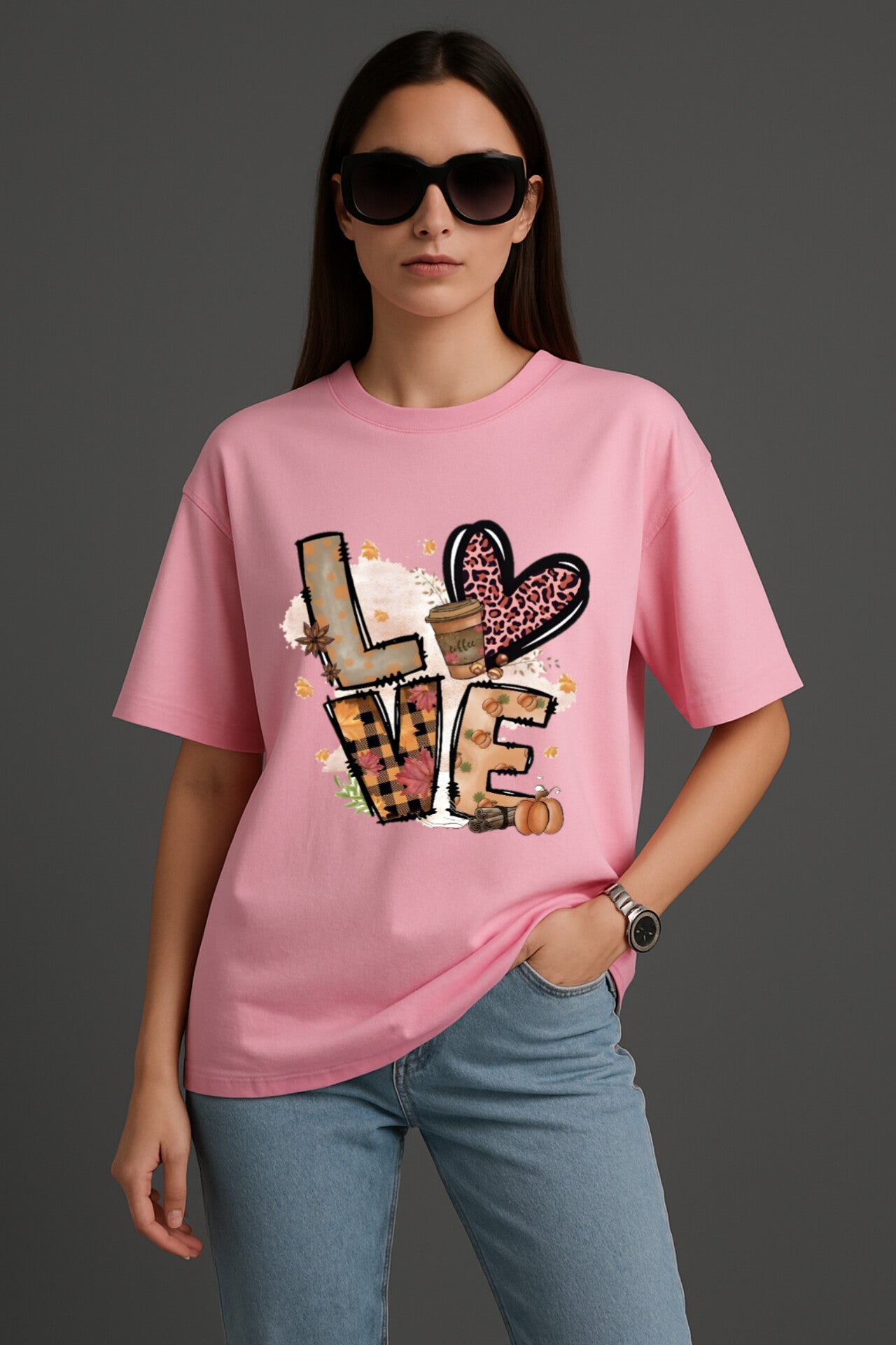 "Love" Pink Down shoulder Tees