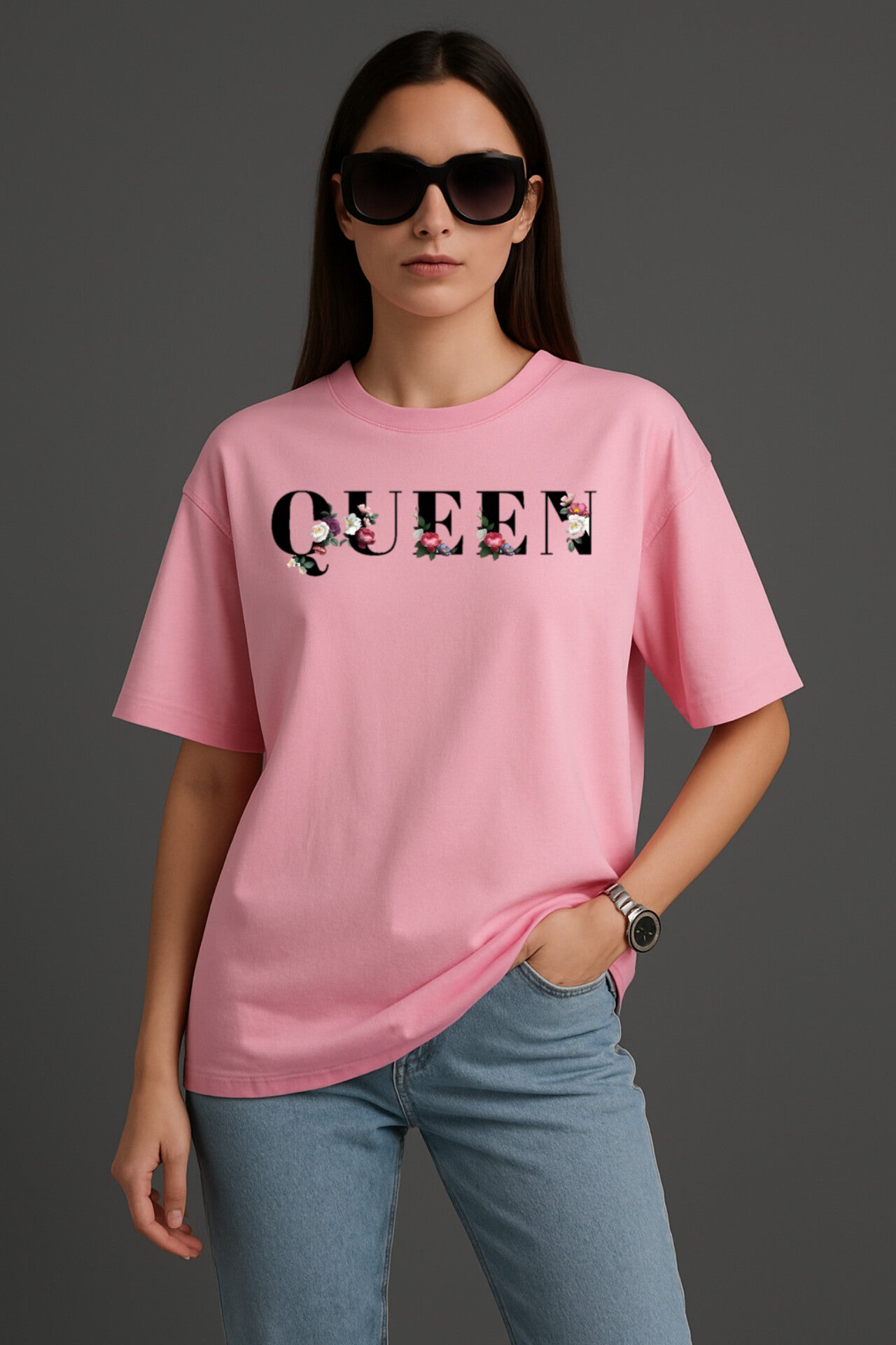 "QUEEN" Pink Down shoulder Tees