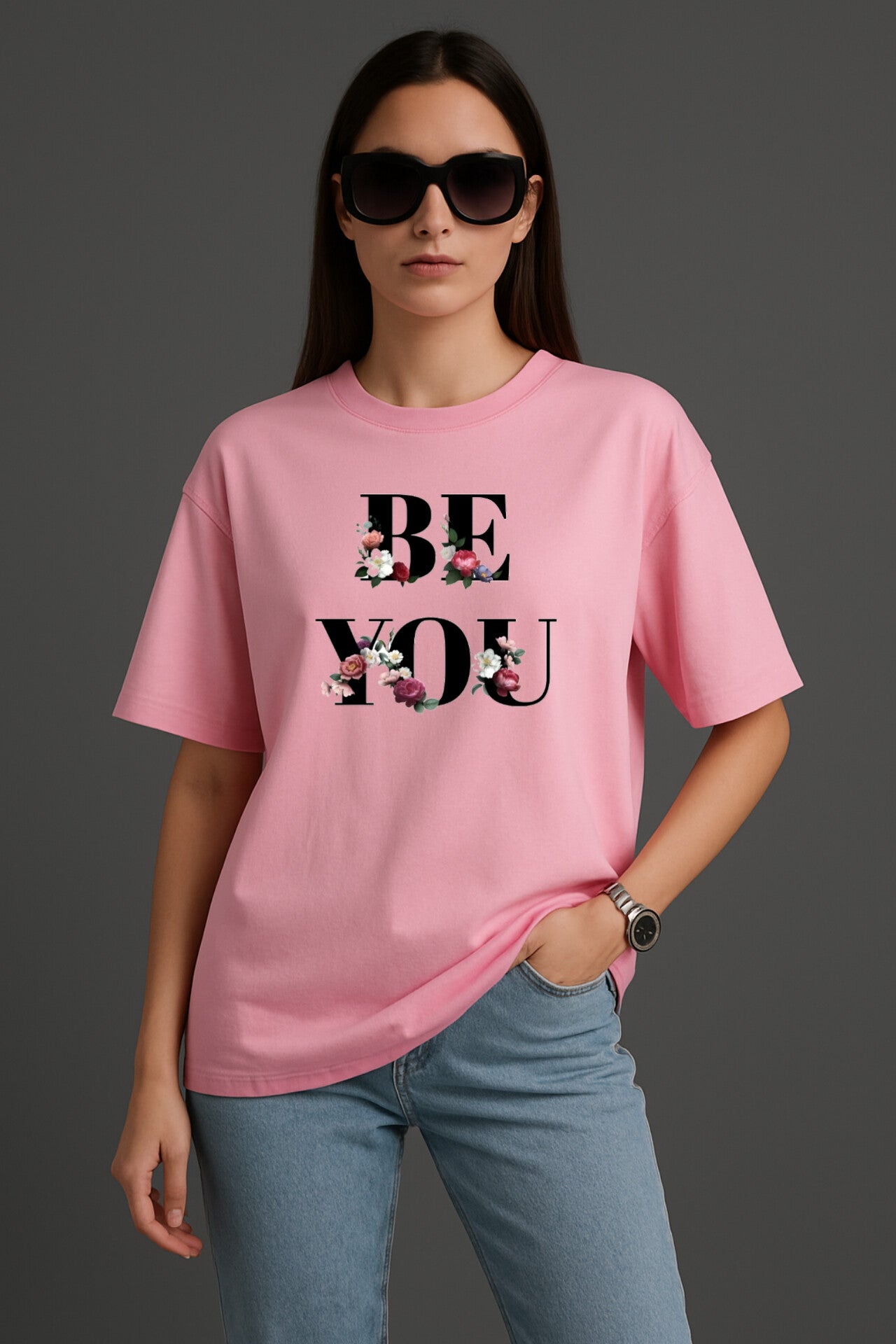 "Be You" Pink Down shoulder Tees