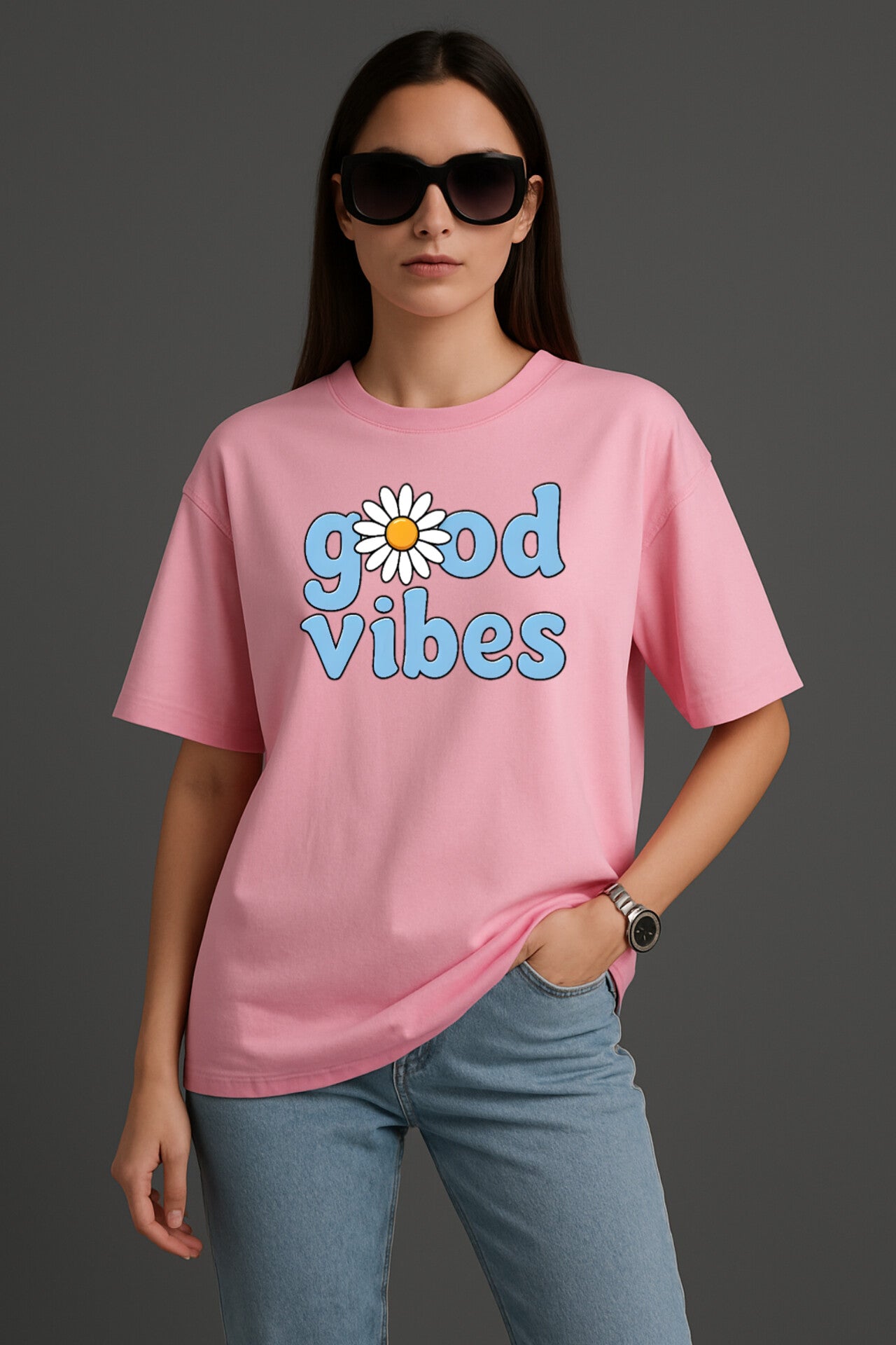 "Good Vibes" Pink Down shoulder Tees