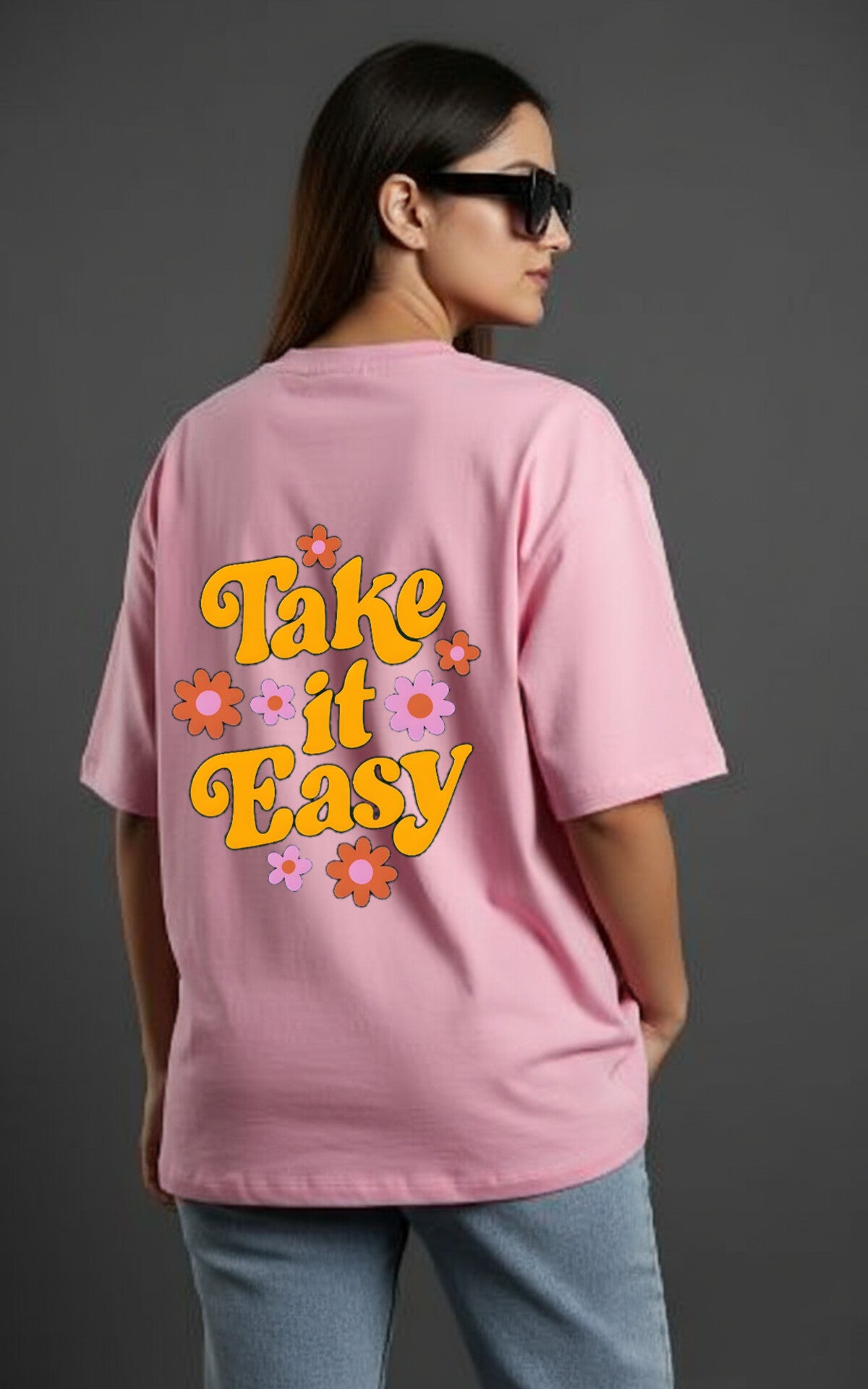 "Take It Easy" Pink Down shoulder Tees