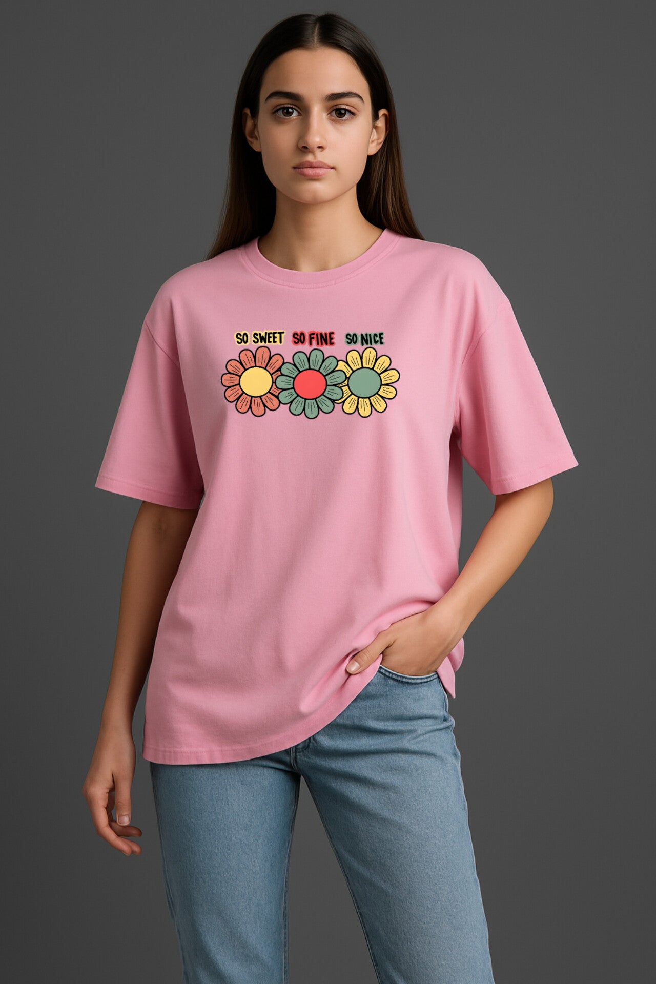 "Sweet, Fine, Nice" Pink Down shoulder Tees