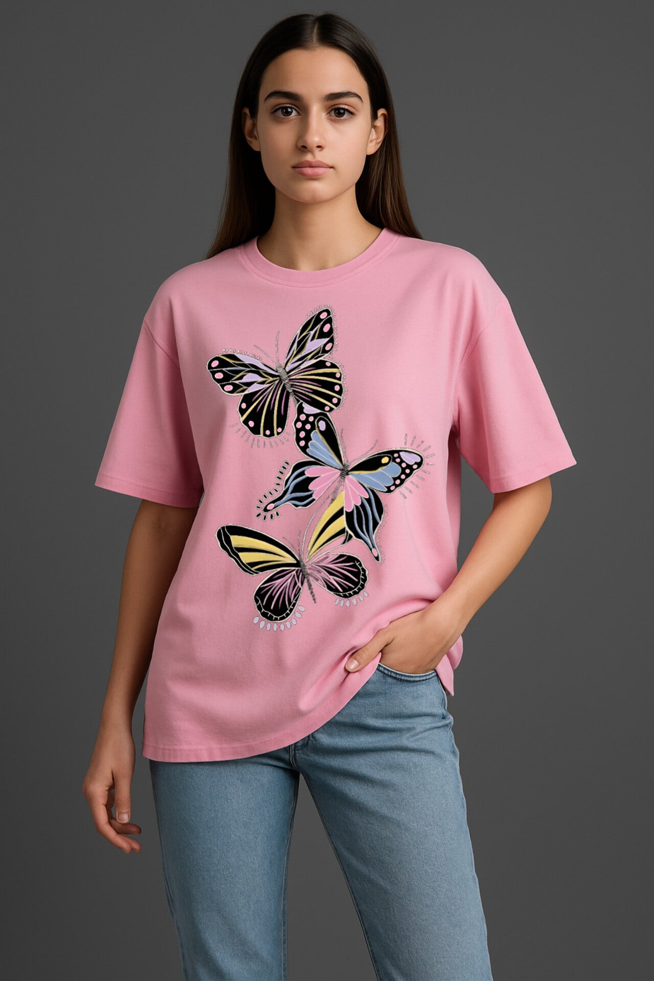 "Butterfly" Pink Down shoulder Tees