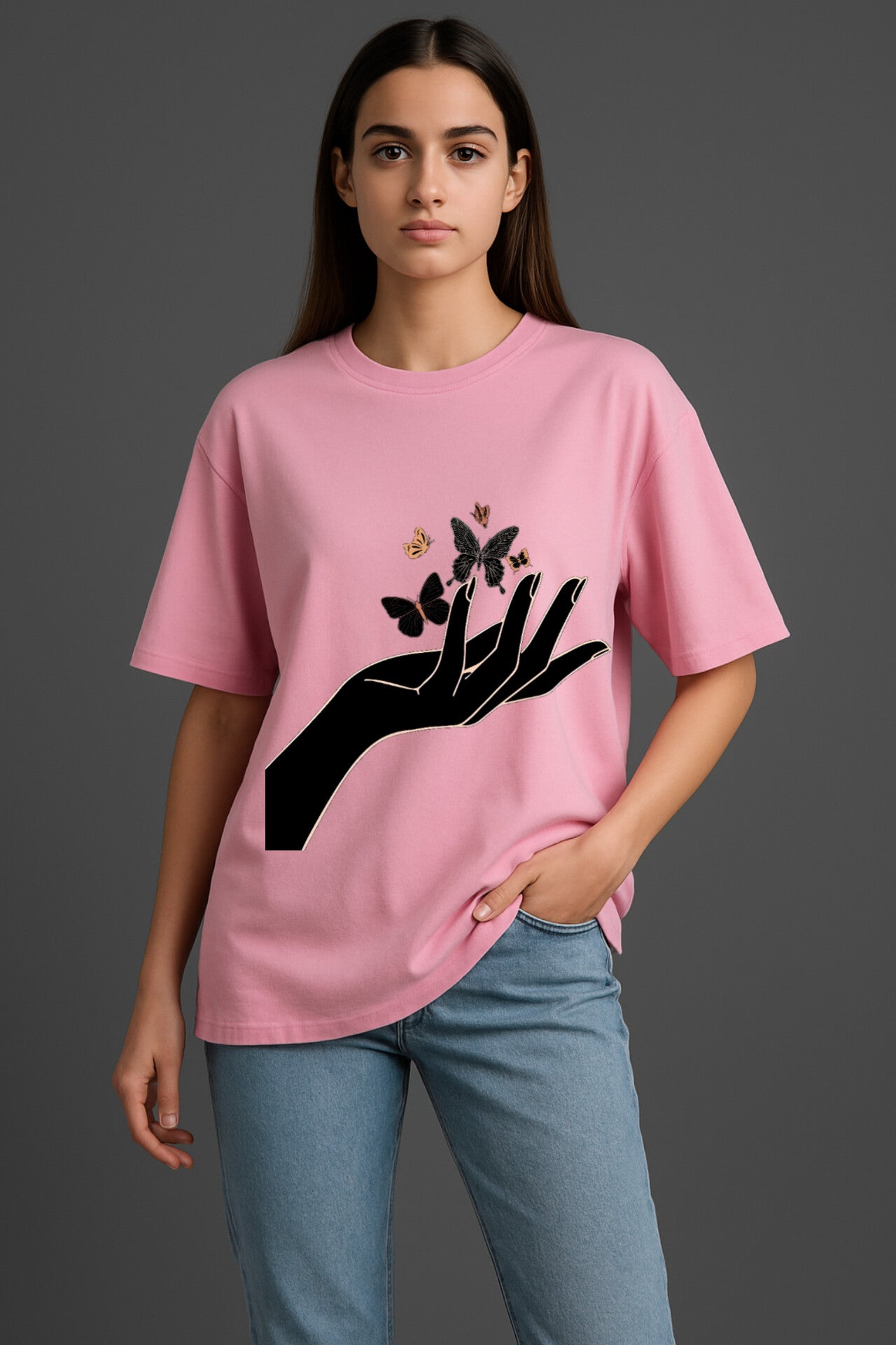 "Butterfly" Pink Down shoulder Tees