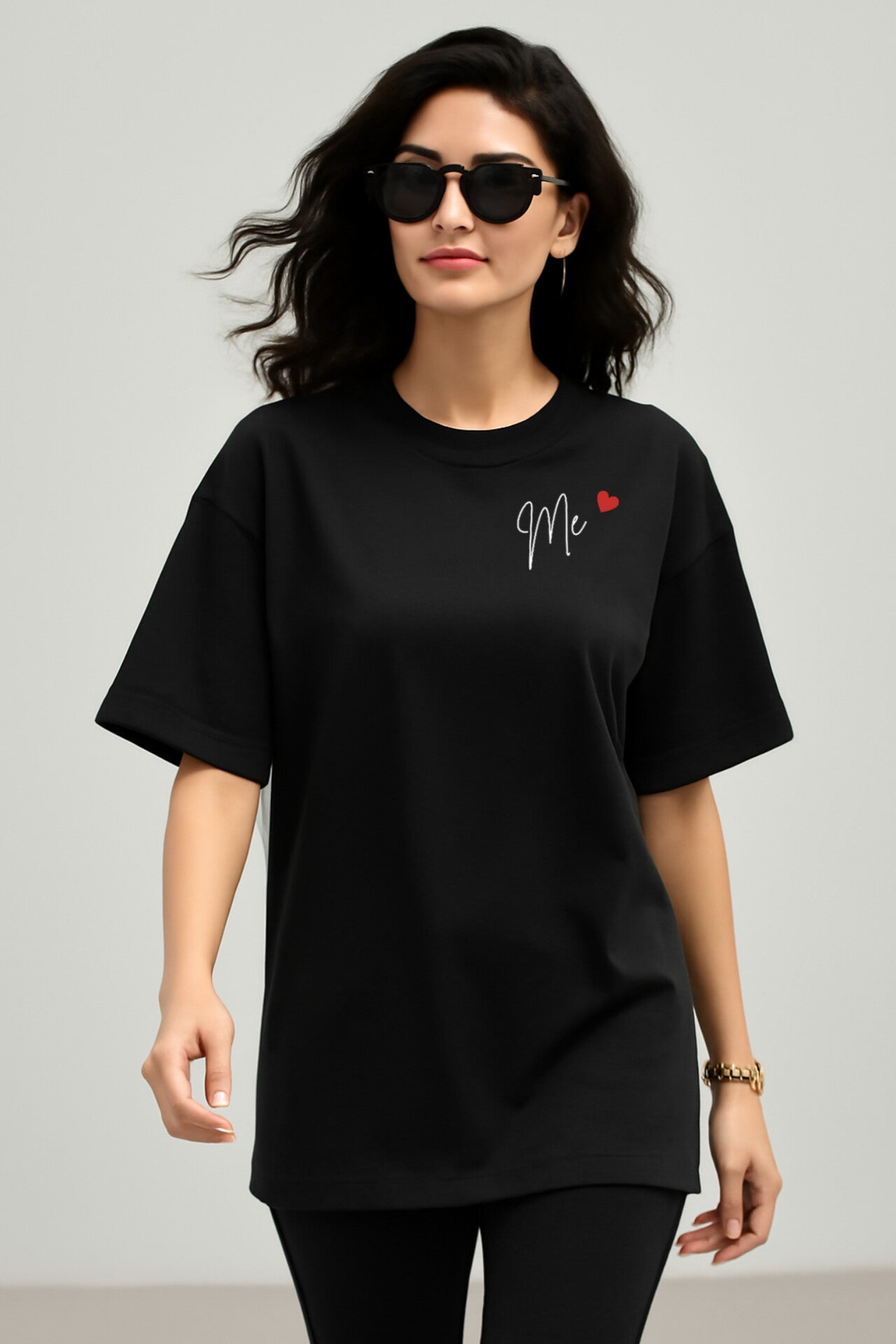 "Me" Black Down shoulder Tees