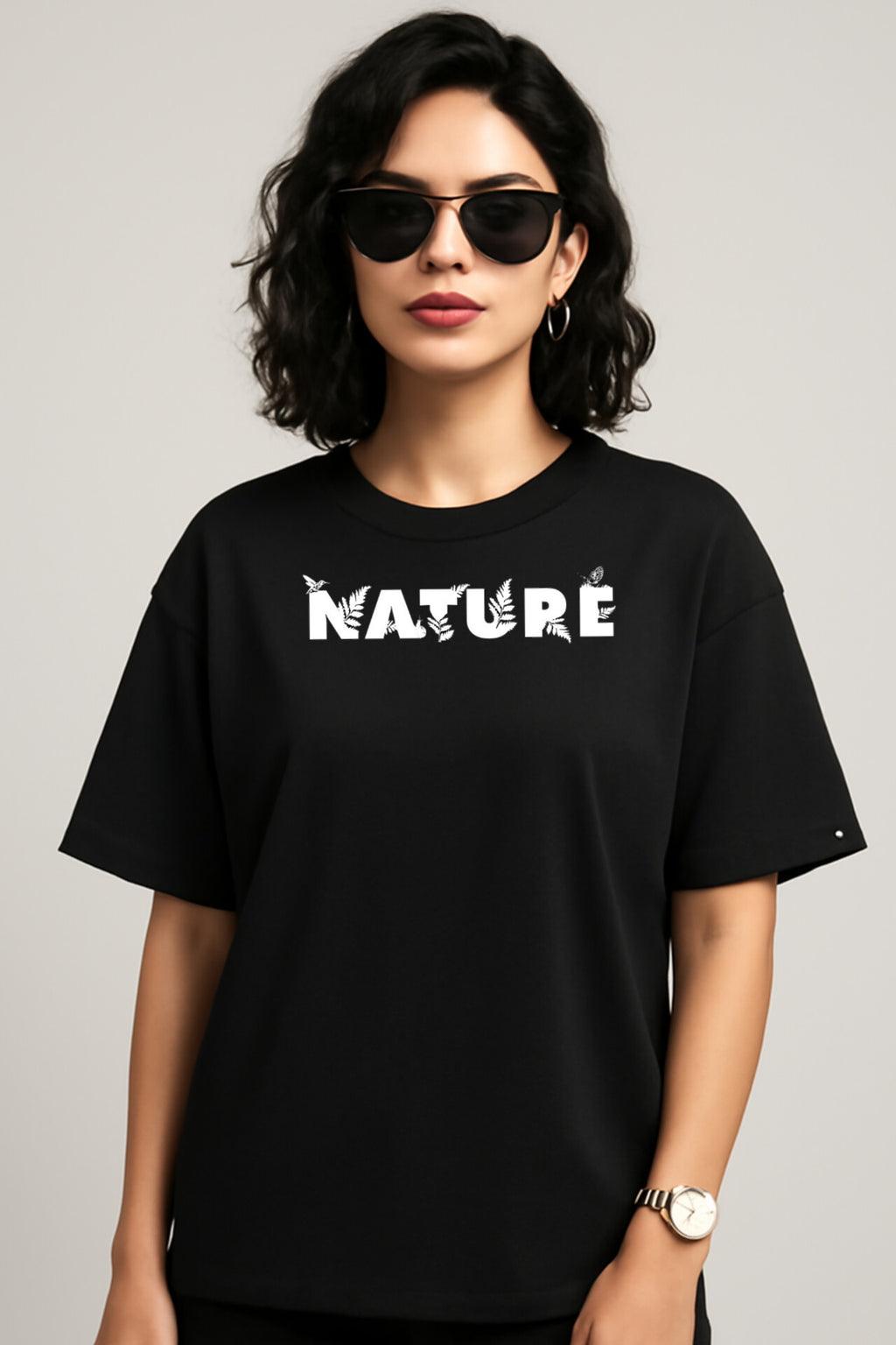 "NATURE" Black Down shoulder Tees