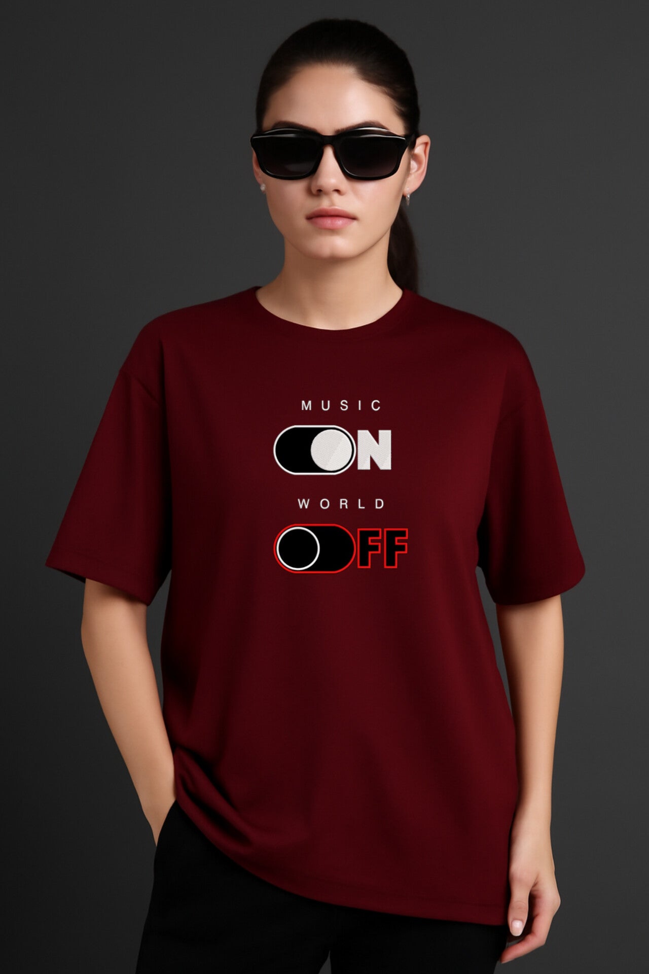 "Music ON, World OFF" Black Down shoulder Tees