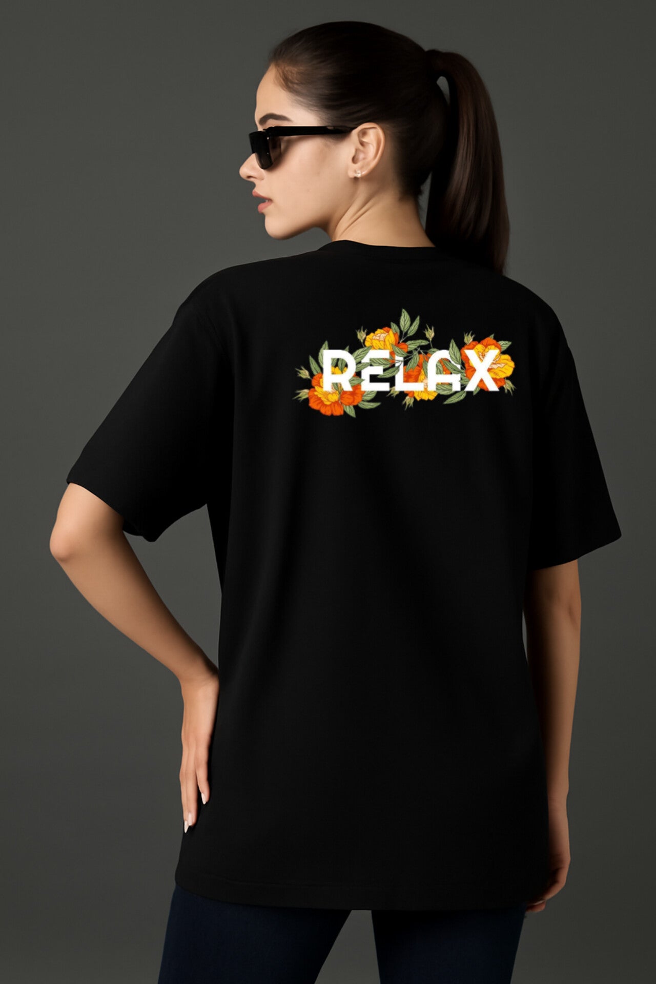 "Relax" Black Down shoulder Tees