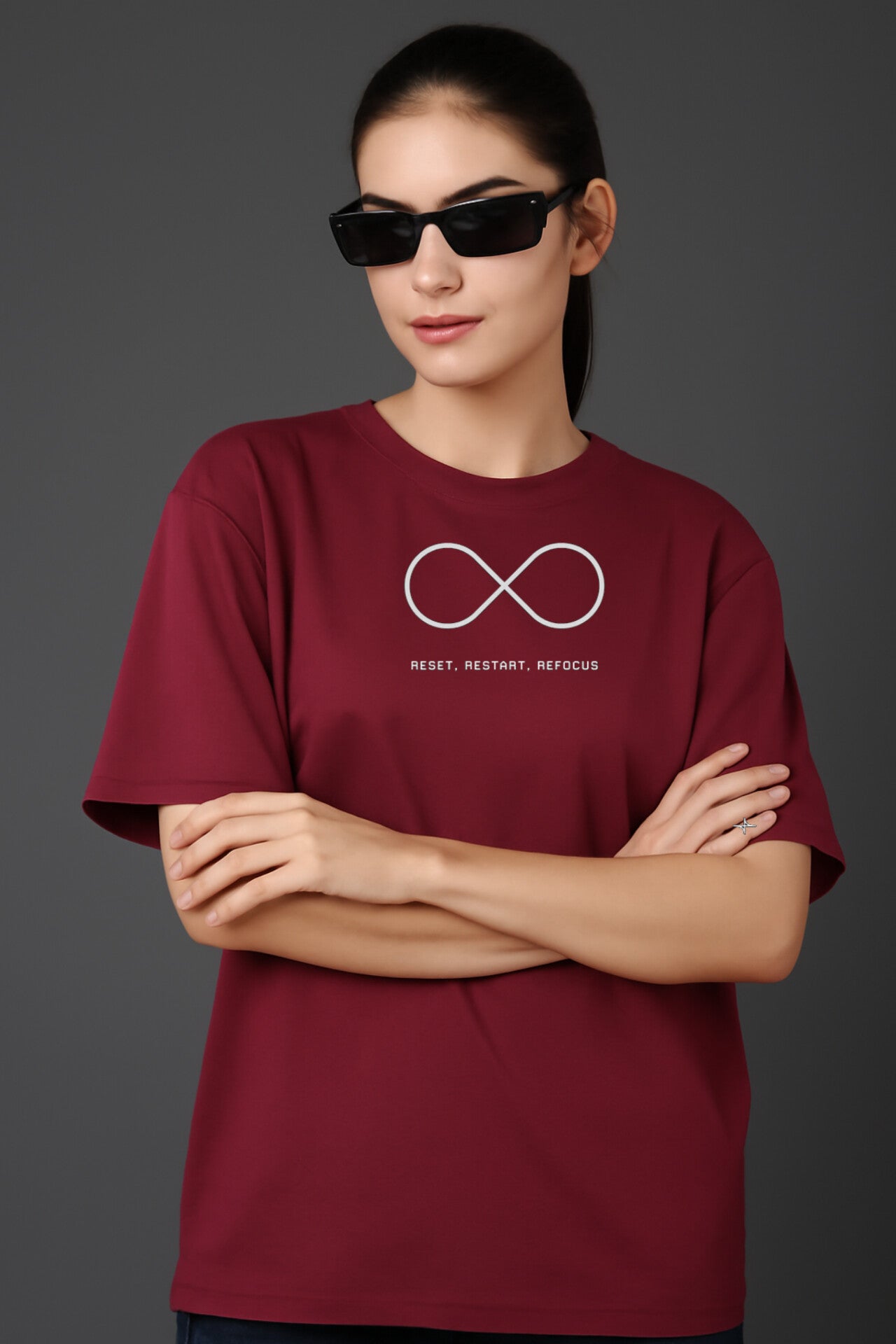 "Reset Restart Refocus" maroon Down shoulder Tees