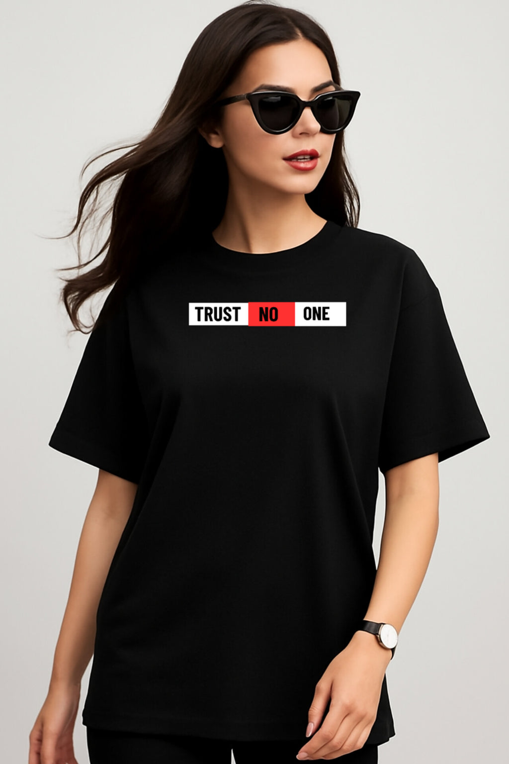 "TRUST NO ONE" Black Down shoulder Tees