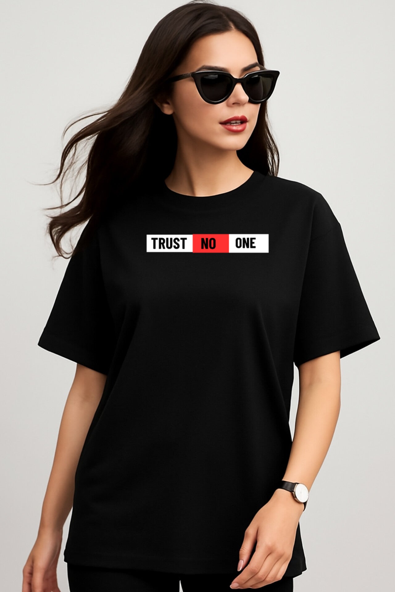 "TRUST NO ONE" Black Down shoulder Tees