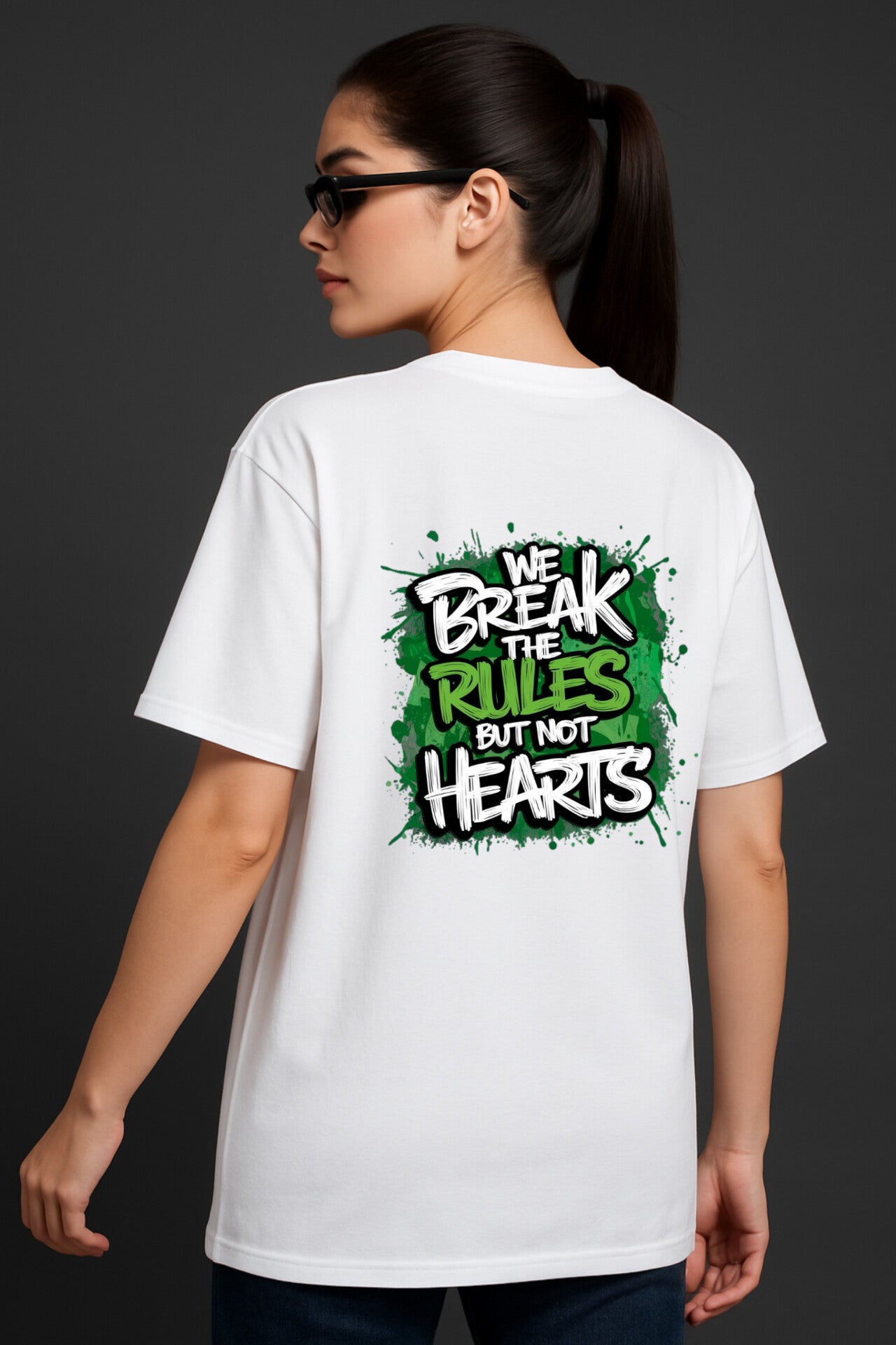 "We break rules but not heart" White Down shoulder Tees