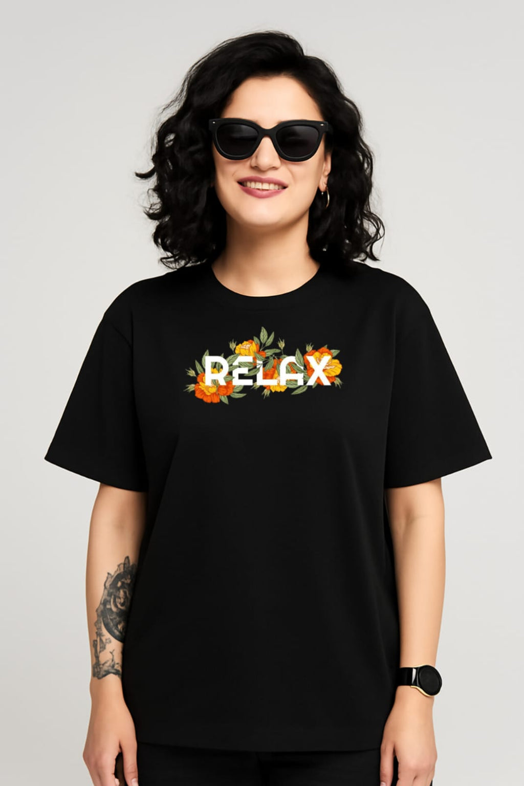 "Relax" Black Down shoulder Tees