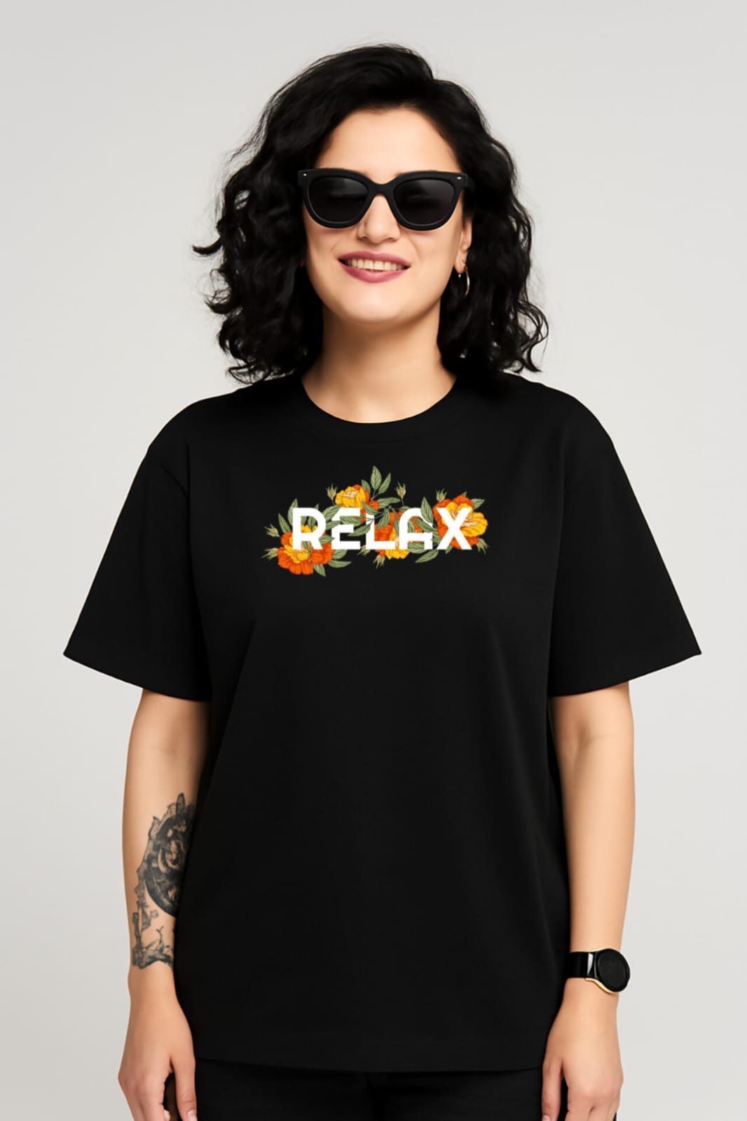 "Relax" Black Down shoulder Tees