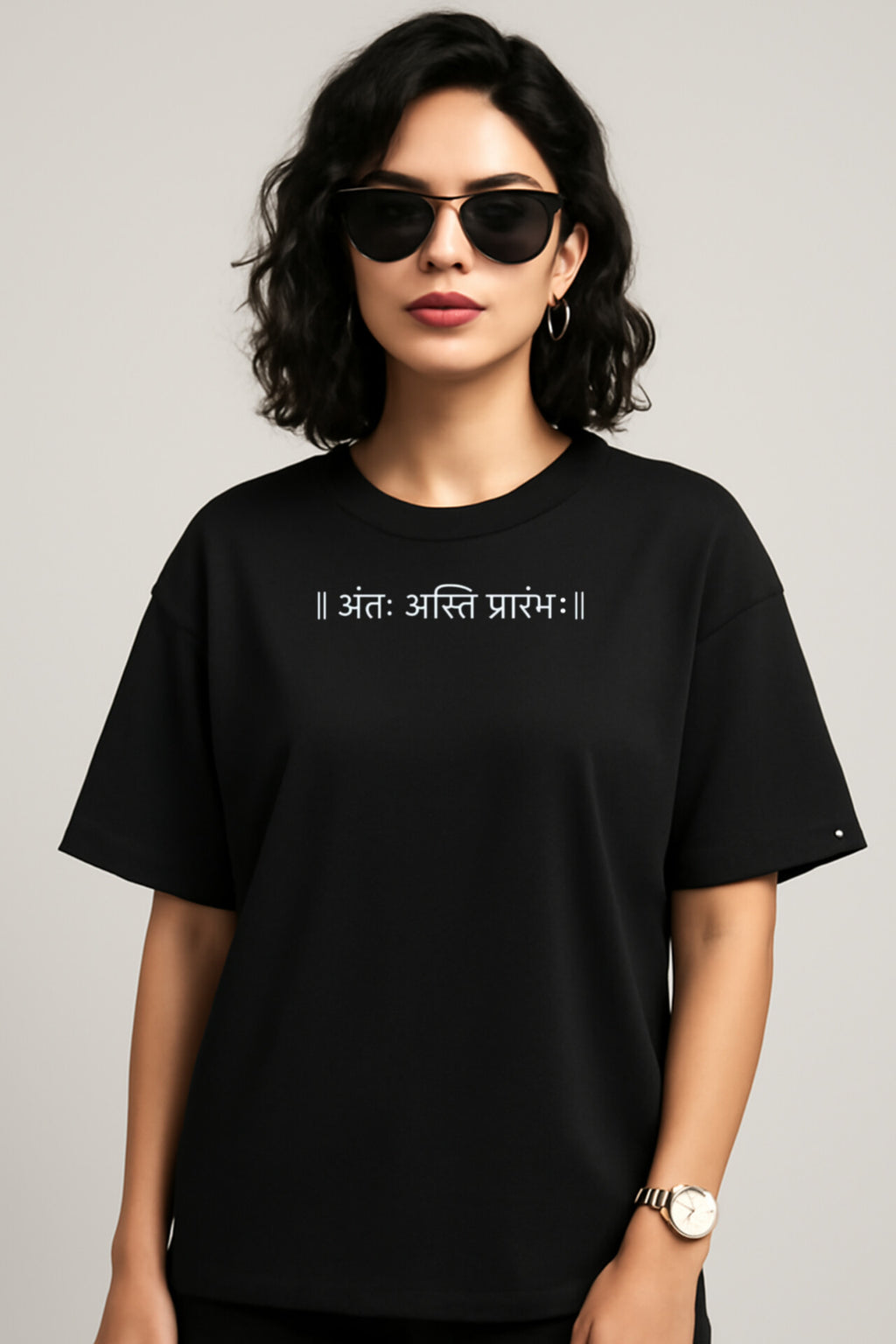 "अंतः अस्ति प्रारंभः" Black Down shoulder Tees