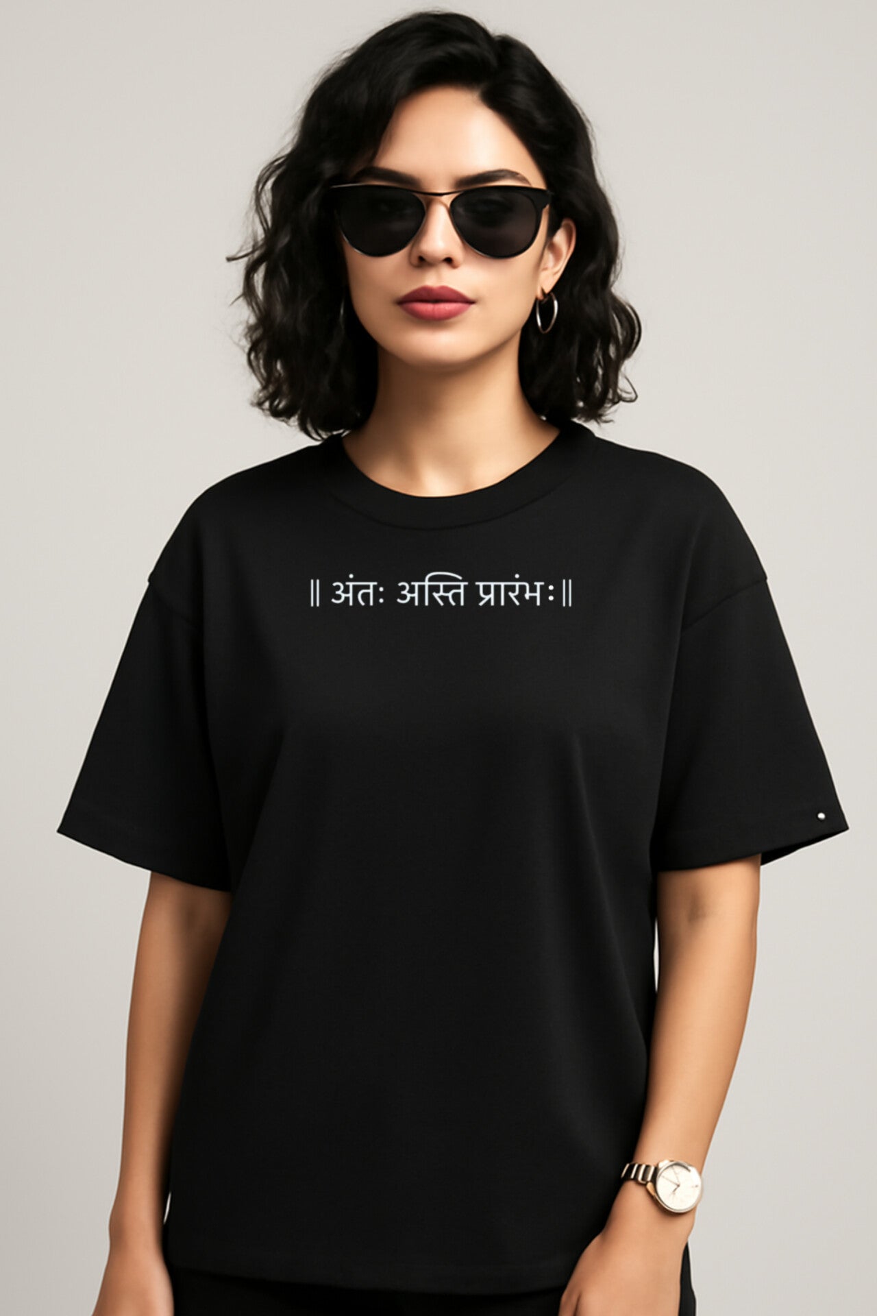 "अंतः अस्ति प्रारंभः" Black Down shoulder Tees