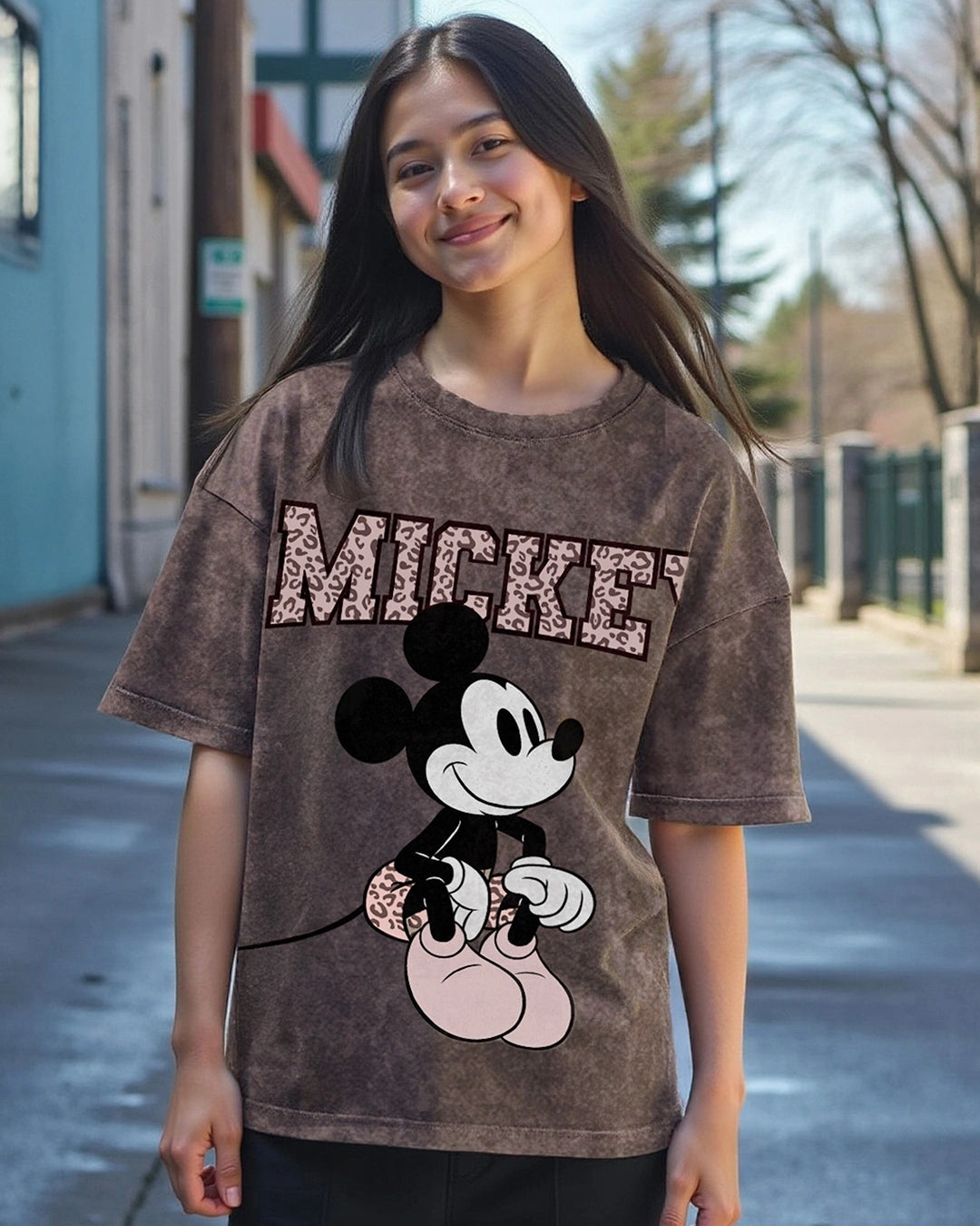 Women's Brown Mickey Graphic Printed Oversized Acid Wash T-shirt