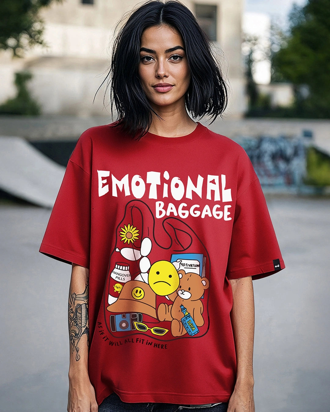 Women's Red Emotional Baggage Graphic Printed Oversized T-shirt